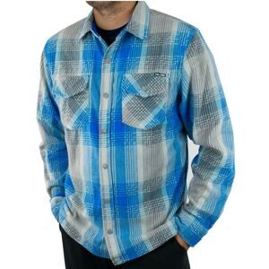 Pelagic Button Down Mens S Blue Plaid Quest Performance Flannel Shacket Fishing